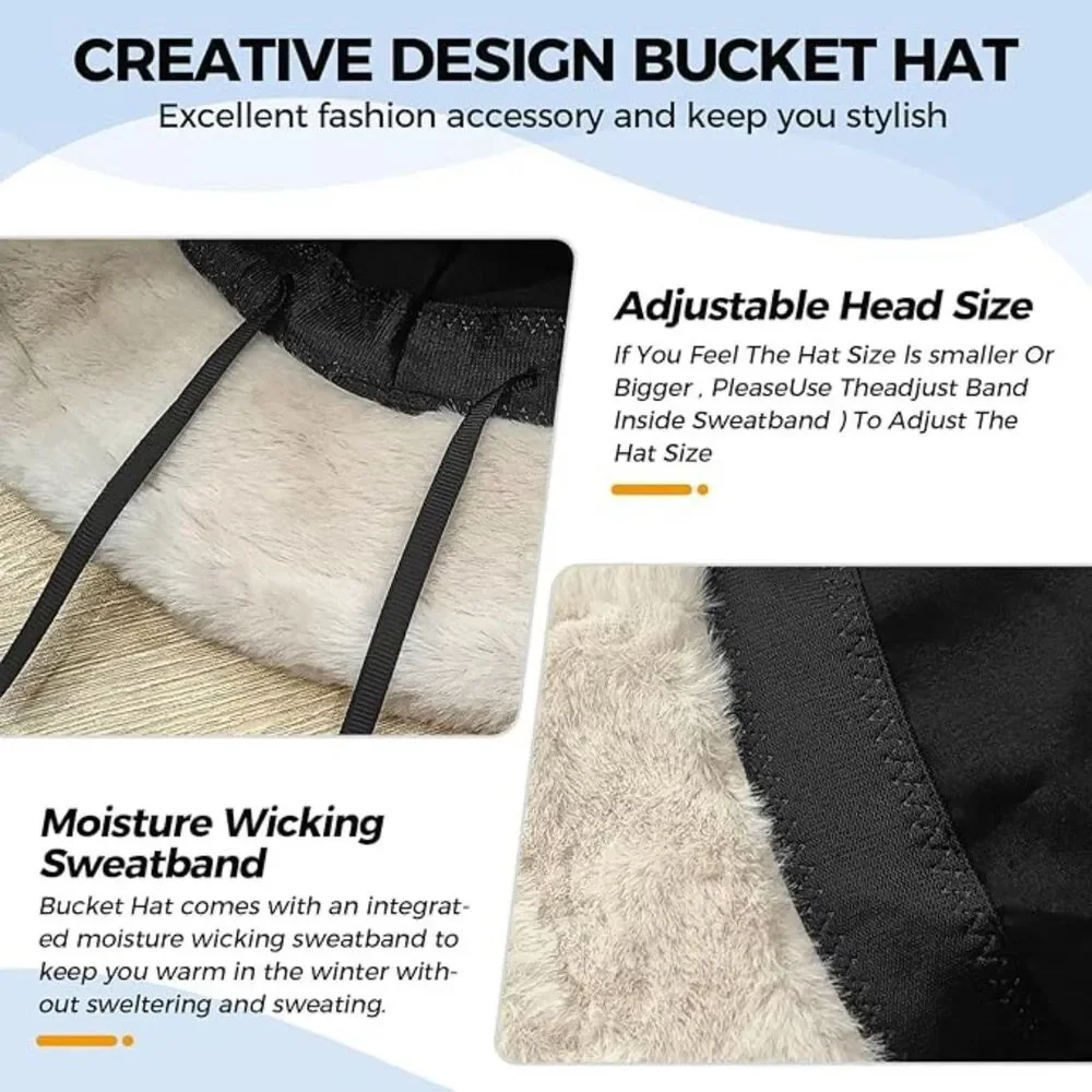 BFONS Unisex Faux Fur Winter Bucket Hat Furry Fisherman Cap - Large